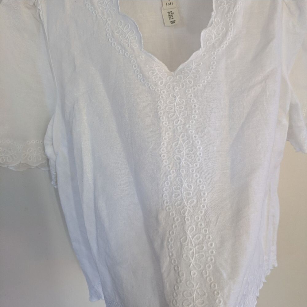 Joie Linen Cotton White Ruffled Peasant Linen Blend Crop Short Sleeve Blouse M - Picture 5 of 6